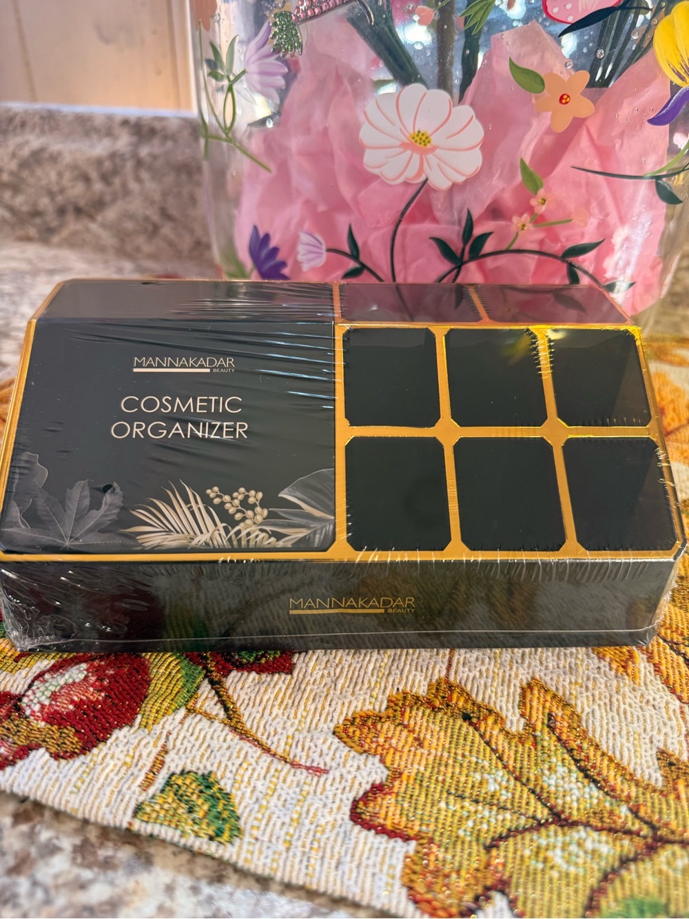 Manna Kadar Black & Gold Makeup Organizer with Multiple Compartments